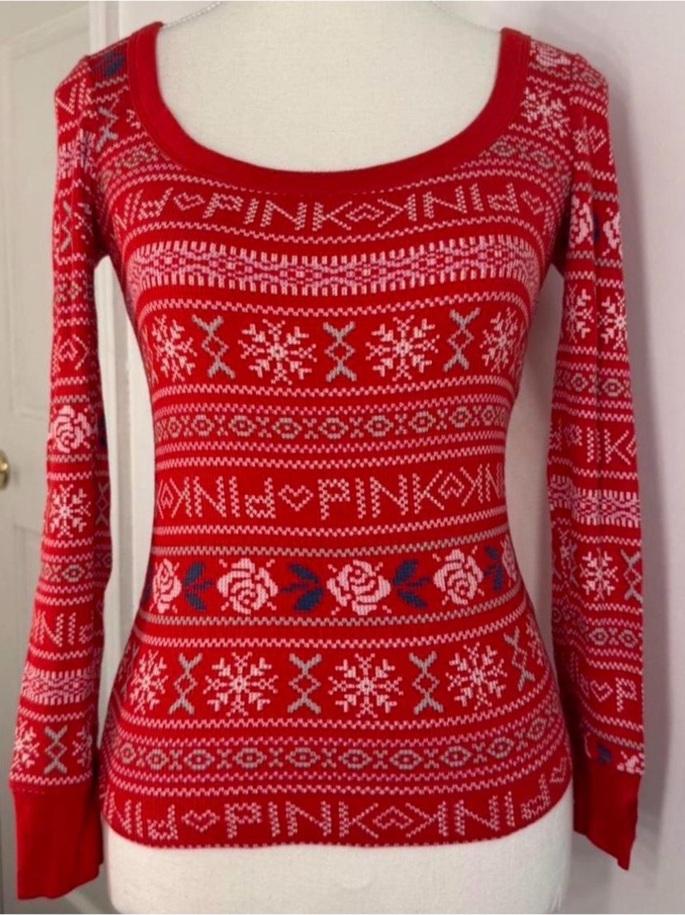 PINK Victoria's Secret Red and Pink Fair Isle Scoop-Neck Sweater